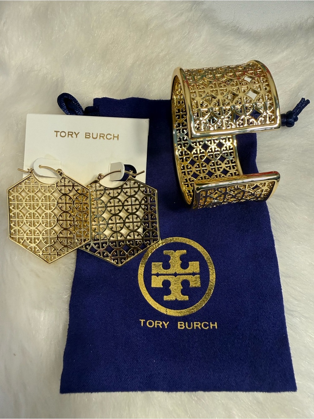 Tory Burch Gold Filigree Hexagon Drop Earrings and bangle
